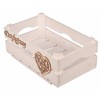 drewniana biała skrzynka z drewnianym sercem i drewnianym napisem dziękujemy