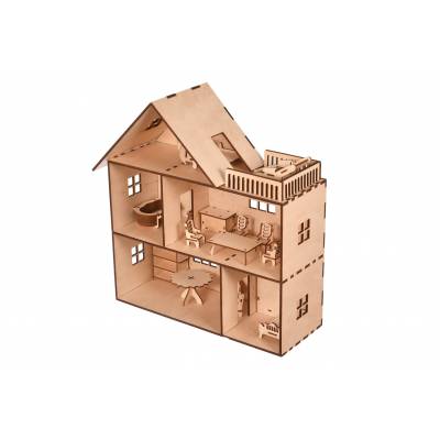 drewniany domek dla lalek z kompletem mebli