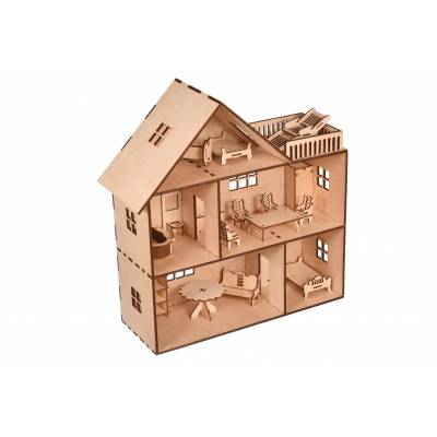 drewniany domek dla lalek z kompletem mebli