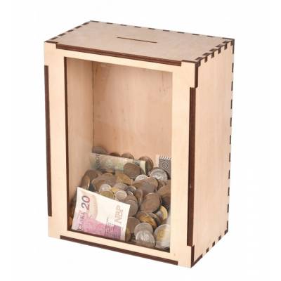 Drewniana skarbonka z szybką